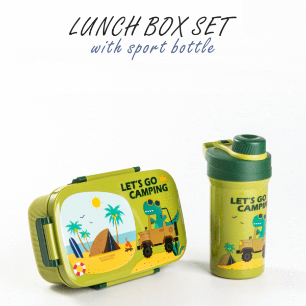 Set 2pc - 1.3L Lunch Box and Water Bottle 500ml With (Spoon-Fork) - Dinosaur