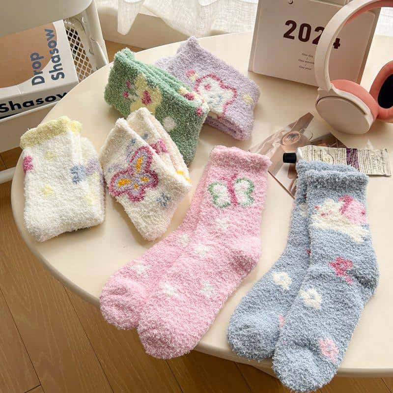 222 1Pairs Velvet Socks Winter Cozy Fleece - Butterfly - الصورة 1