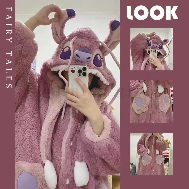 45 Fleece Robe Hooded Blanket Winter Pajamas - Stitch Pink (Size/55-80kg) - الصورة 1