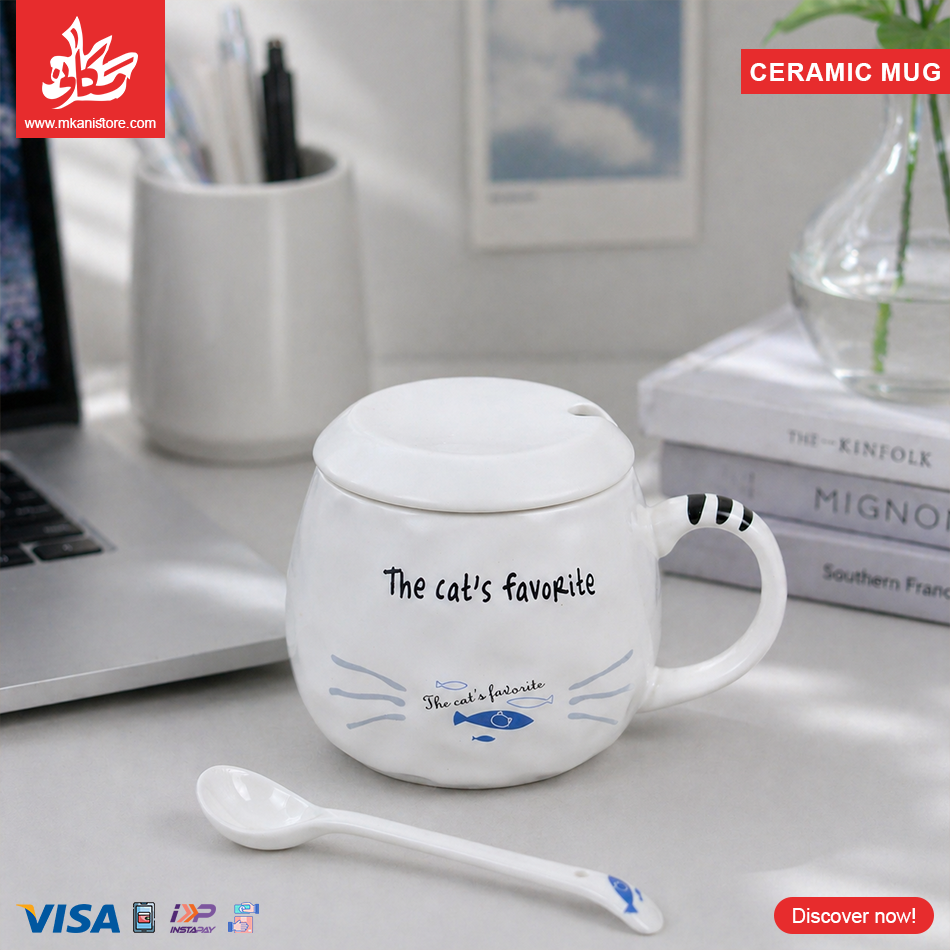 137 Ceramic Mug Cat With Lid&Spoon - 350ml - الصورة 1