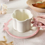 Set Of 2pcs Ceramic Mug Bow Cute with Saucer - White 280ml