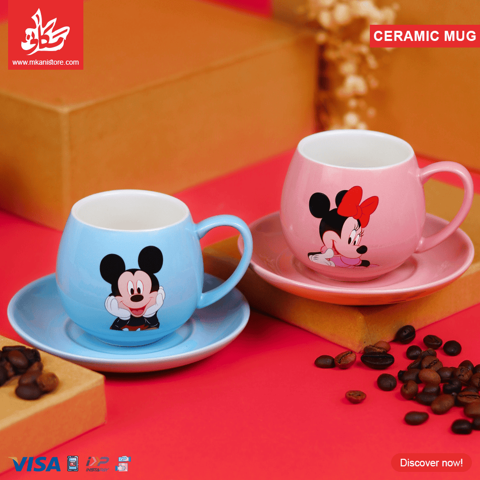 205 1Pc Random - Ceramic Coffee Mug with plate 250ml – Mickey & Minnie Mouse - الصورة 1