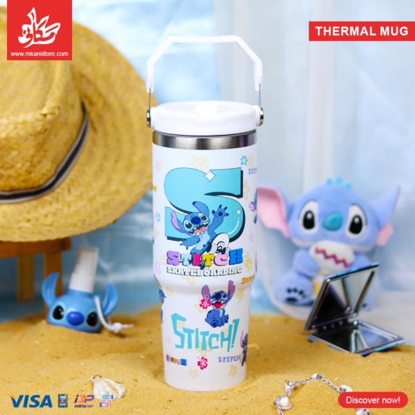 Thermal Mug 900ml with Lid and Handle - Stitch White
