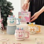 ⁦1Pc Random - 3D Pastel Ceramic Mug With Bow Lid - 400ml⁩ - الصورة ⁦2⁩