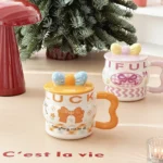 ⁦1Pc Random - 3D Pastel Ceramic Mug With Bow Lid - 400ml⁩ - الصورة ⁦5⁩