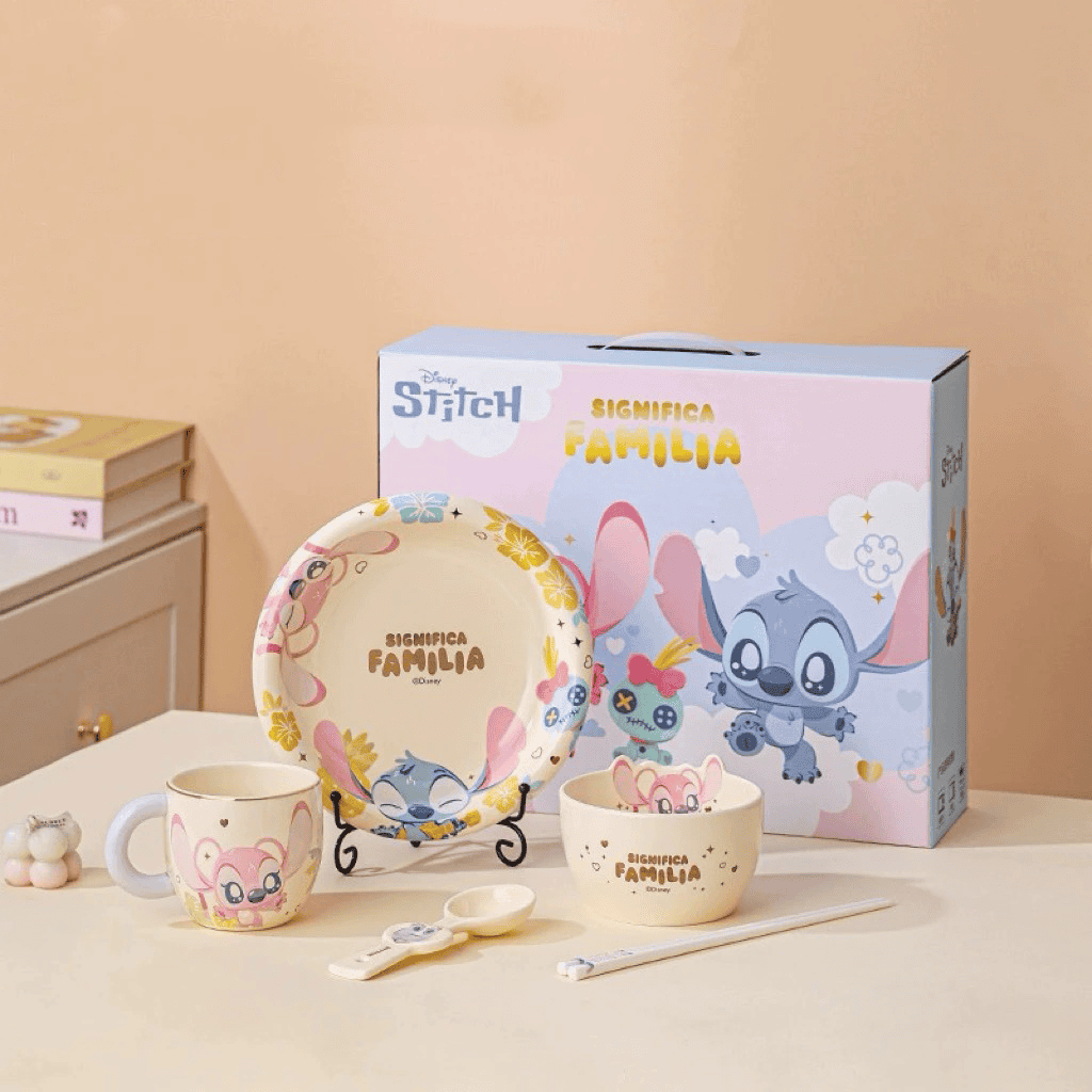 256 Luxurious Set Of 5pcs Disney Orignal - Ceramic Dinnerware with Portable Gift Box - Stitch Pink - الصورة 1