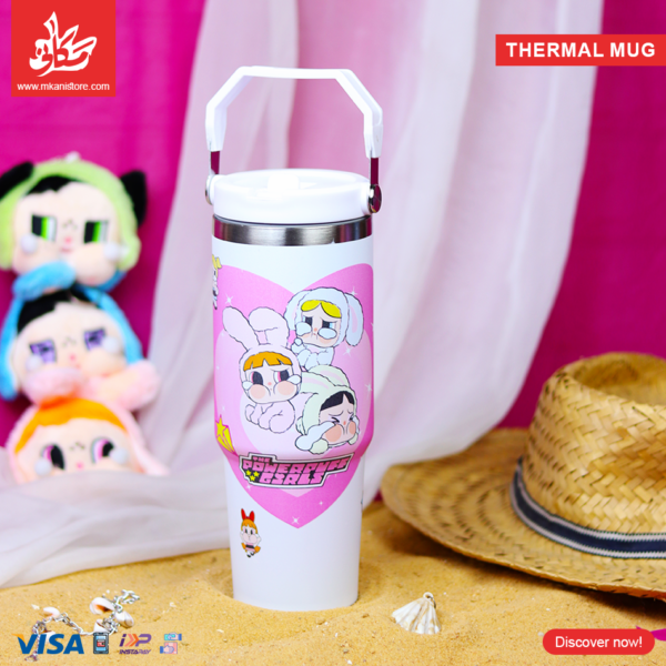 Thermal Mug 900ml with Lid and Handle - Powerpuff White