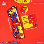 Set of 3Pcs Superman - Wooden Ruler & 20pcs of Reminder Stickers & Button Pin