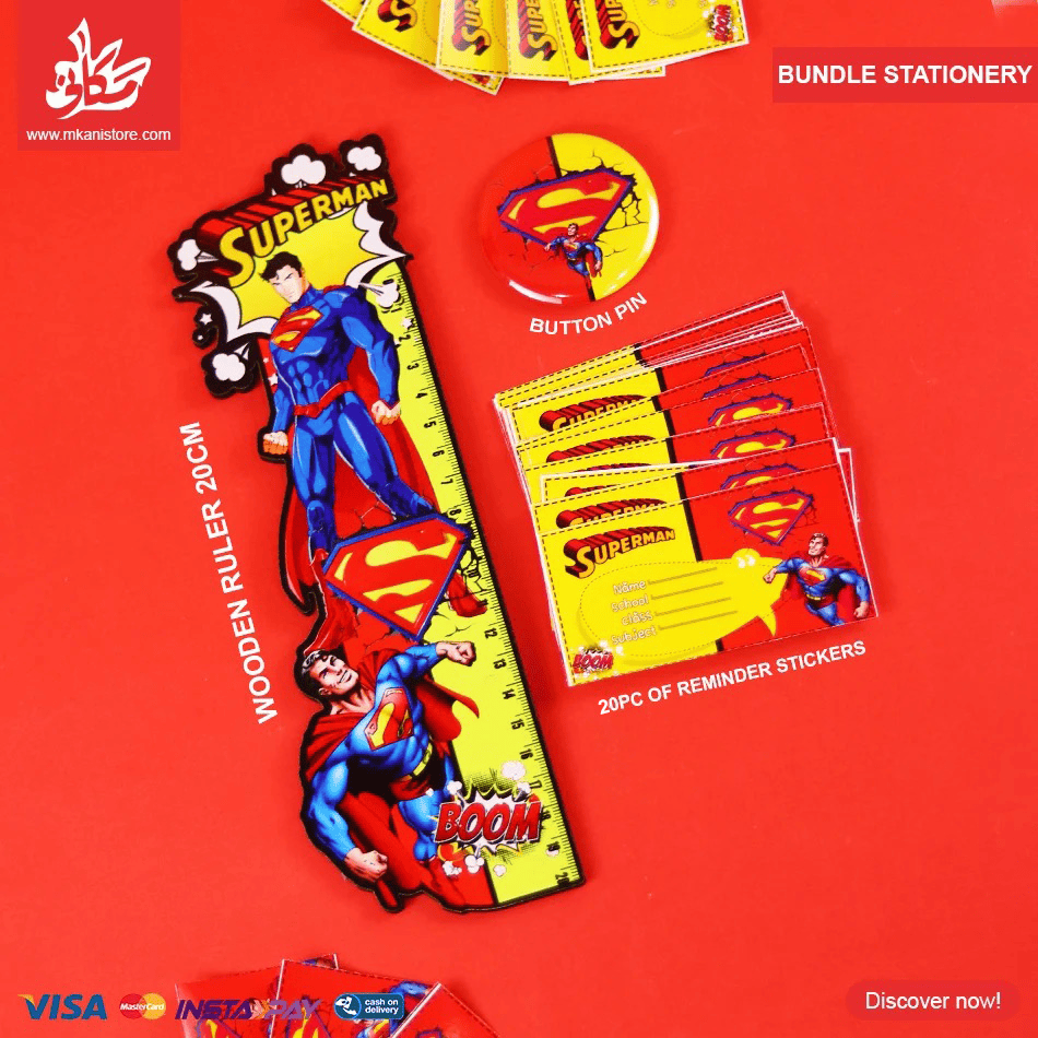 370 Set of 3Pcs Superman - Wooden Ruler & 20pcs of Reminder Stickers & Button Pin - الصورة 1