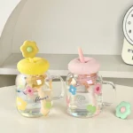 ⁦Glass Mug Tumbler with Lid and Straw - 850ml⁩ - الصورة ⁦5⁩