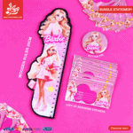 Set of 3Pcs Barbie - Wooden Ruler & 20pcs of Reminder Stickers & Button Pin