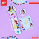 Set of 3Pcs Princess - Wooden Ruler & 20pcs of Reminder Stickers & Button Pin