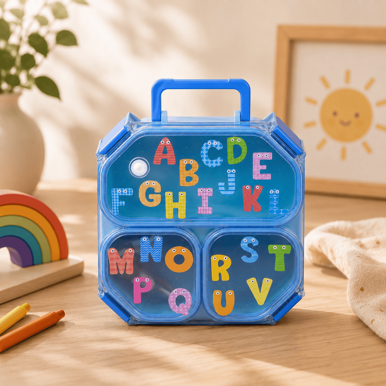 24 Lunch Box 3-Grid with Folding Spoon - 980ML - Letters - الصورة 1