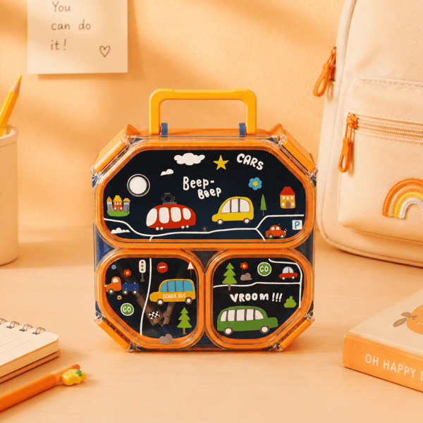 Lunch Box 3-Grid with Folding Spoon - 980ML - Car