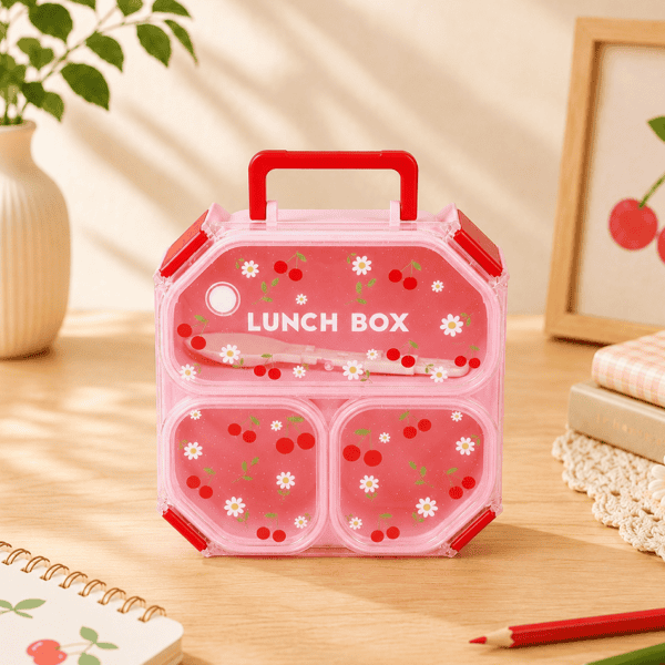 Lunch Box 3-Grid with Folding Spoon - 980ML - Cherry