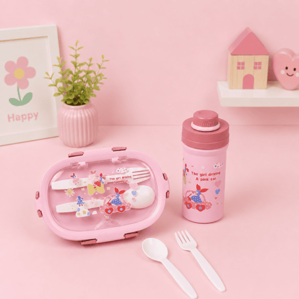 Pink Car Lunch Box Set - 1.2L Box 3-Grid & 500ML Bottle