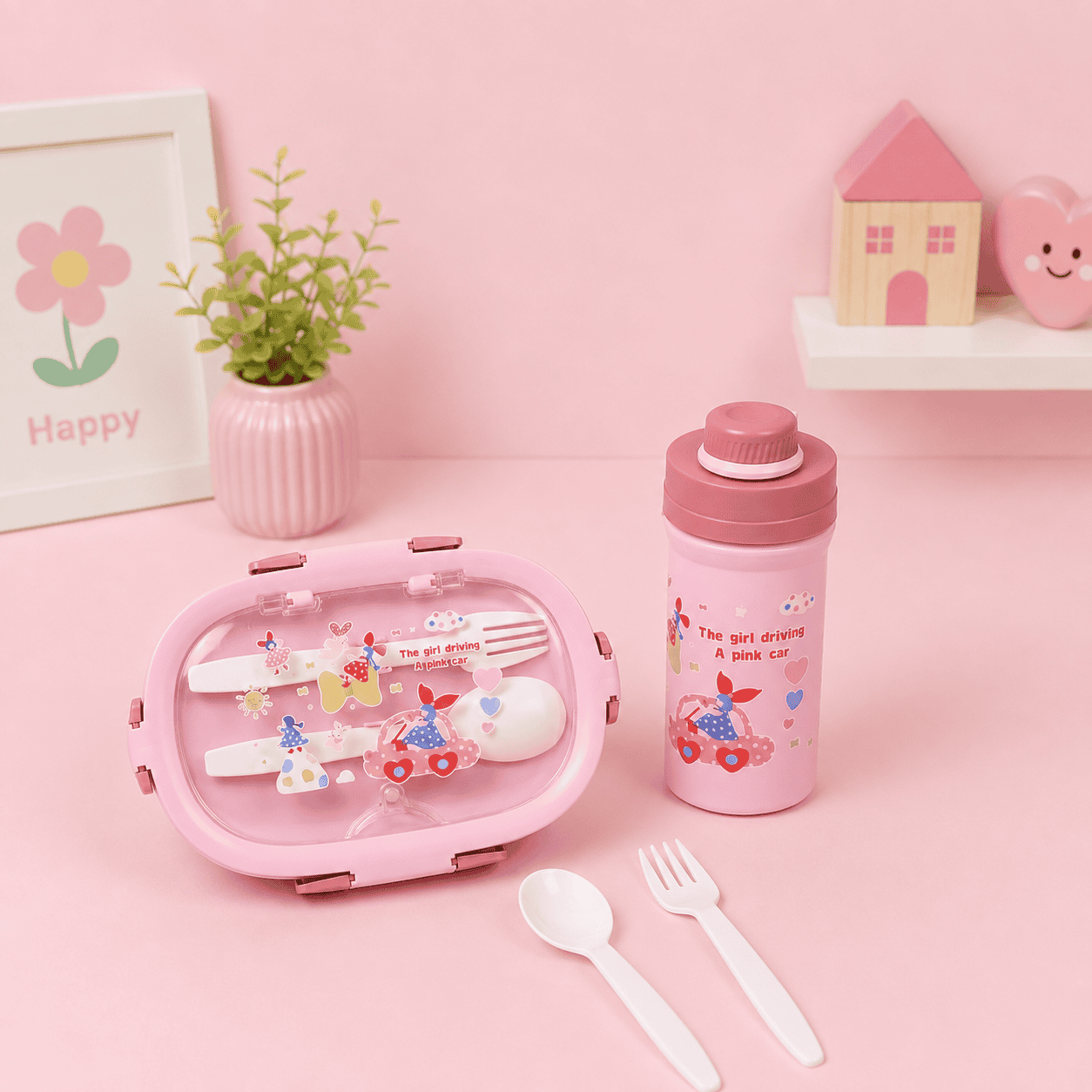 331 Pink Car Lunch Box Set - 1.2L Box 3-Grid & 500ML Bottle - الصورة 1