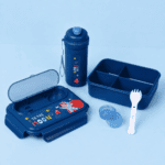⁦Blue Lunch Box Set - 1L Box & 500ML Bottle - with Folding Spoon⁩ - الصورة ⁦3⁩