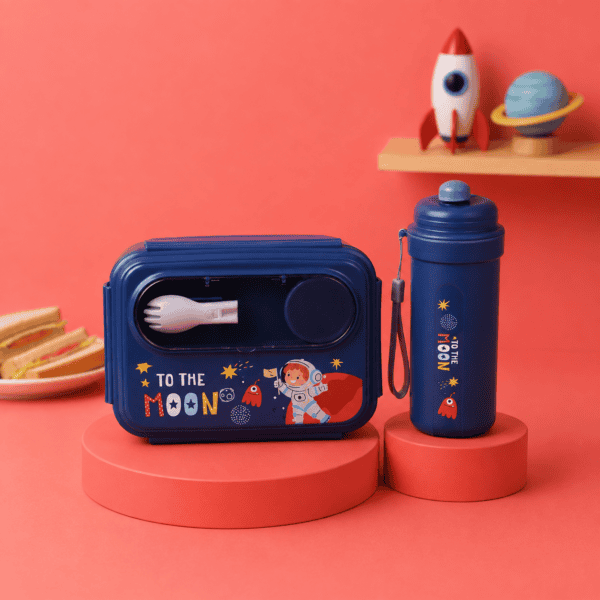 Navy Blue Lunch Box Set - 1L Box & 500ML Bottle - with Folding Spoon