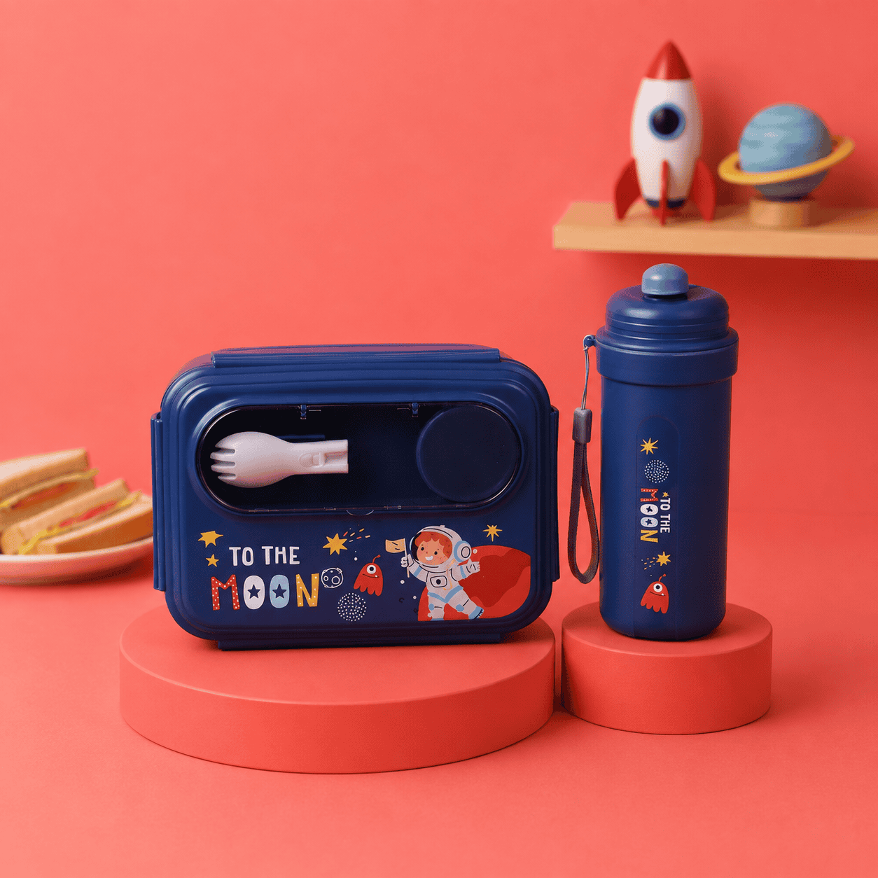 353 Navy Blue Lunch Box Set - 1L Box & 500ML Bottle - with Folding Spoon - الصورة 1